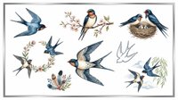 Swallow bird clipart set isolated on transparent background, featuring flying swallows, nest, floral wreath, and branches, ready for stickers, t-shirt design, and print on demand.