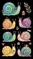 Colorful decorative snails with ornate spiral shells, botanical leaves, hearts, mushrooms, and floral accents isolated on transparent background. Ready for t-shirt design, stickers, clipart, sublimation, and print-on-demand products.