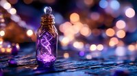 Glowing purple magical energy swirls inside glass bottle against blurred bokeh lights background, mystical fantasy concept on dark wooden surface.