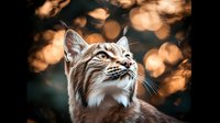 Majestic lynx looking up against blurred golden bokeh background, showcasing wild feline's distinctive facial features and alert expression in natural environment.