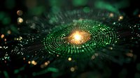 Glowing spiral pattern with green digital circles and light effects on dark background creates futuristic technology concept with bokeh elements.