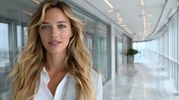 Young blonde businesswoman with confident smile in modern bright office corridor. Professional corporate portrait showing success and leadership.