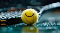 Yellow tennis ball with smiley face resting on tennis racket strings, creating playful sports composition with blurred background. Perfect for sports marketing.