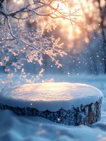 Magical winter scene with snow-covered tree stump at sunset, frost-covered branches above, and falling snowflakes creating dreamy atmosphere in blue and golden light.