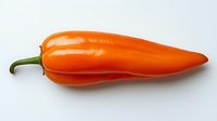 Fresh orange sweet pointed pepper isolated on white background, bright vegetable with green stem showing natural texture and shape for cooking design.
