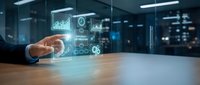 Businessman in suit touching glowing digital interface with business analytics charts and efficiency optimization icons in modern office.