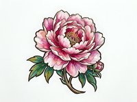 Pink peony flower with layered petals and green foliage on white background, isolated botanical illustration suitable for design projects, textiles, and decorative applications.