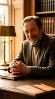 Mature man with gray beard and dark hair, Caucasian ethnicity, wearing charcoal sweater, seated at wooden desk in elegant library study with brass lamp and bookshelves, hands clasped thoughtfully.