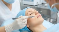 Young woman receiving facial cosmetic injection treatment from medical professional in sterile clinic environment for anti-aging skincare procedure.
