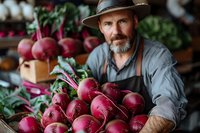 Mature bearded farmer in hat and apron displaying fresh organic red beets at local market stall. Natural lighting highlights vibrant produce and authentic farm-to-table experience.