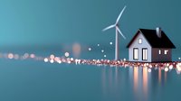 Small house with wind turbine on blue background surrounded by glowing lights and reflections creating magical atmosphere for sustainable energy concept.