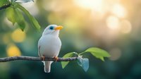 White exotic bird with orange beak perched on tree branch against blurred natural bokeh background in soft morning light, creating peaceful nature atmosphere.