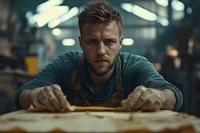 Young Caucasian male craftsman in leather apron and work gloves leaning over wooden workbench in workshop. Atmospheric industrial lighting creates moody ambiance.
