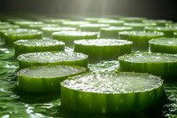 Fresh cucumber slices floating in water with droplets and natural light creating a refreshing spa-like atmosphere, macro photography with shallow depth of field.