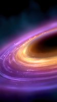 Glowing spiral of light with purple and golden streams against dark background, creating dynamic motion effect with sparkling particles and ethereal glow.