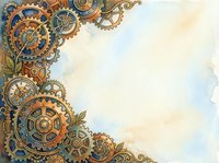 Steampunk gears and cogs border with ornate mechanical elements on watercolor background, suitable for design projects and creative layouts.