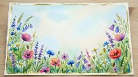 Watercolor wildflower border frame with poppies, lavender, daisies, and bluebells on textured paper background with copy space.