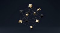 Golden cubes connected by glowing network lines on dark background, representing data connectivity, blockchain technology, and digital communication systems.
