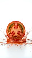 Sliced tomato half submerged in splashing water against white background, isolated for food and beverage design, advertising, and culinary content use.