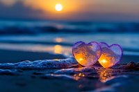 Two glowing heart-shaped glass objects on sandy beach at sunset with ocean waves and golden sun reflection creating romantic seaside atmosphere.