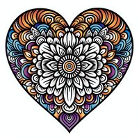 Ornate heart shape with intricate floral mandala design in vibrant orange, blue, purple, and white colors on black background. Suitable for greeting cards.