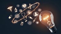 Healthcare innovation concept with glowing lightbulb and floating medical icons representing digital transformation in medicine and telemedicine solutions.