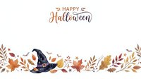 Festive autumn border with witch hat, fall leaves, and seasonal foliage on white background. Isolated design element suitable for greeting cards, invitations, and seasonal marketing materials.