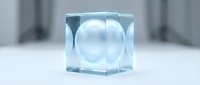 Transparent glass cube with glowing sphere inside, isolated on white background. Suitable for technology, innovation, and design projects.