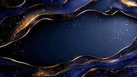 Luxurious navy and gold abstract waves with glitter effect create elegant cosmic pattern. Dark blue background with flowing golden lines and sparkling stars.