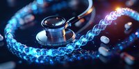 Medical stethoscope with glowing DNA helix structure on dark background, representing healthcare technology and genetic research advancement.