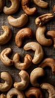 Roasted cashew nuts scattered on rustic burlap background, macro food photography showing natural texture and warm golden tones. For healthy eating blogs.