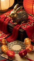 Golden rabbit figurine with ornate filigree body on red silk fabric with traditional coins and lanterns for lunar new year celebrations and festive decorations.