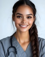 Young Hispanic female nurse in gray scrubs with stethoscope smiling warmly at camera, braided hair, professional healthcare worker portrait for medical industry.