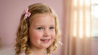 Young blonde girl with curly hair and pink bow smiling warmly in soft natural light. Portrait photography for family, childhood, and lifestyle concepts.