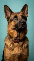 German Shepherd dog portrait with leather collar against turquoise background for pet photography and animal lover designs.