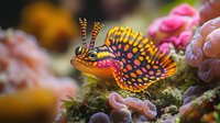 Vibrant spotted mandarin fish swimming near coral reef, displaying bright orange and blue patterns with distinctive spiky fins in underwater macro photography.