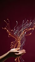 Open hand releasing glowing golden light trails and energy streams against deep burgundy background for creative design projects.