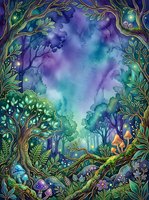 Enchanted forest with glowing mushrooms, magical trees, and luminous foliage framing a mystical woodland clearing under starlit purple and teal sky.