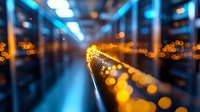 Futuristic corridor with glowing blue lights and golden bokeh effect creating dramatic perspective and depth. Modern architectural interior with illuminated path.