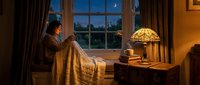 Woman in cozy sweater gazing out window at night with warm lamp light, perfect for lifestyle and home decor content.