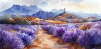 Scenic lavender field path leading to lighthouse on hilltop, purple mountain landscape at sunset, warm orange hills and dramatic cloudy sky in watercolor style.