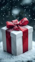 White gift box with red ribbon bow dusted with snow against dark bokeh background, creating magical winter holiday atmosphere.
