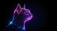 Glowing neon cat profile with sparkling particles and luminous outline against dark background, featuring vibrant purple and blue gradient effects.