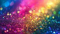 Vibrant rainbow bokeh lights with sparkling glitter particles creating magical colorful background for celebrations, parties, and festive designs.