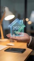 Hand holding transparent holographic house icon with 2027 text and green checkmark at office desk with lamp and smartphone, representing real estate investment, property market growth, and future housing goals.