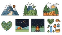 Outdoor adventure camping hiking nature icons set with mountains forests campfire tent and equipment for travel and recreation activities.