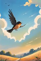 Flying robin against sunset sky with fluffy clouds and rolling hills landscape. Artistic nature illustration in soft warm colors suitable for children book or greeting card design.