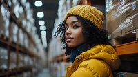 Young African American woman with natural curly hair wearing yellow beanie and puffer jacket looking away thoughtfully in warehouse setting with blurred storage shelves background.