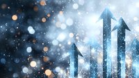 Abstract digital arrows pointing upward with glowing bokeh lights and particles, representing business growth, success, and financial progress concepts.