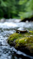 Small turtle resting on moss-covered rock in flowing stream with lush green forest backdrop. Wildlife and nature photography for editorial and educational use.